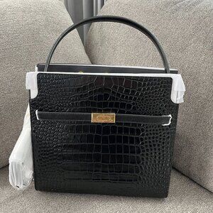 NWT Tory Burch Lee Radziwill Black Croc Embossed Double Bag